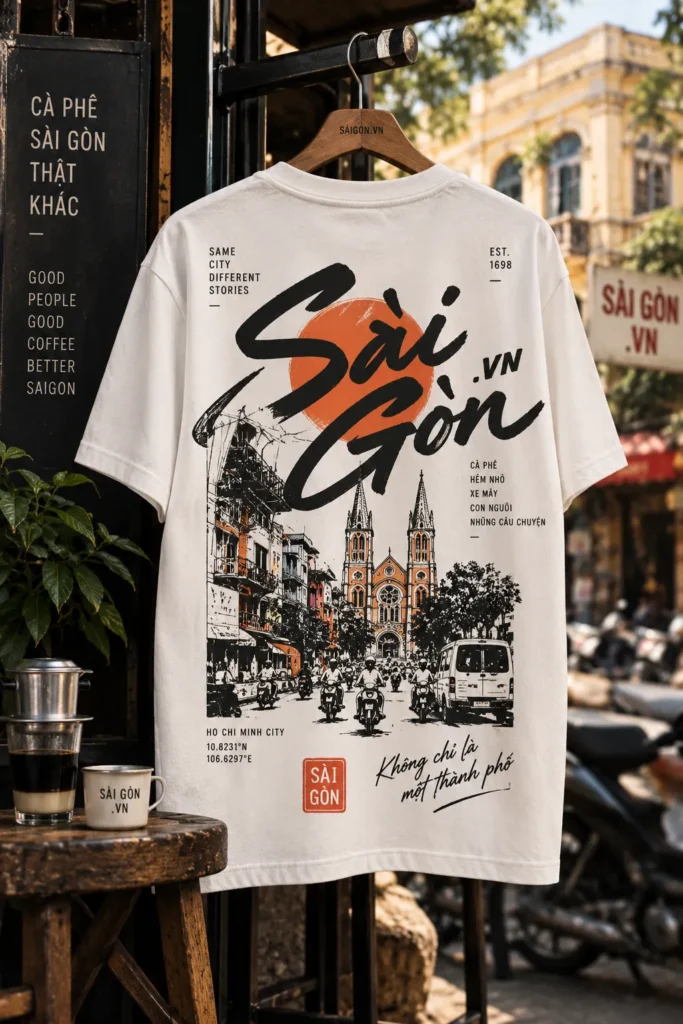 Mẫu áo thun Sai Gon.vn treo ở quán cà phê phong cách vintage