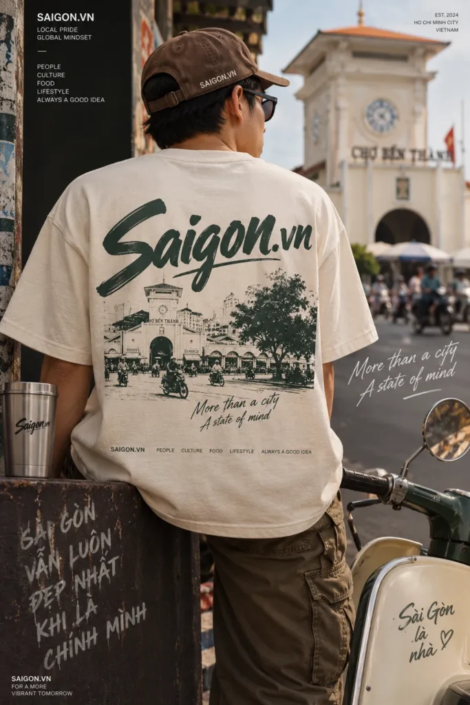 Mẫu áo thun Saigon.vn mặt sau Chợ Bến Thành phong cách local