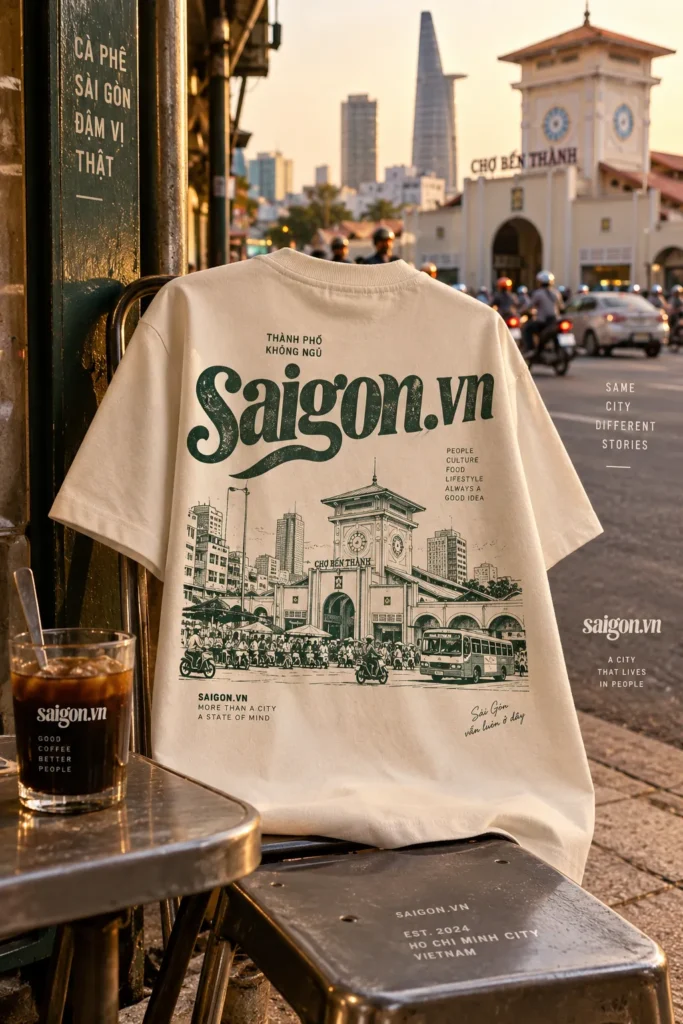 Mẫu áo thun Saigon.vn treo tại quán cà phê nhìn ra Chợ Bến Thành