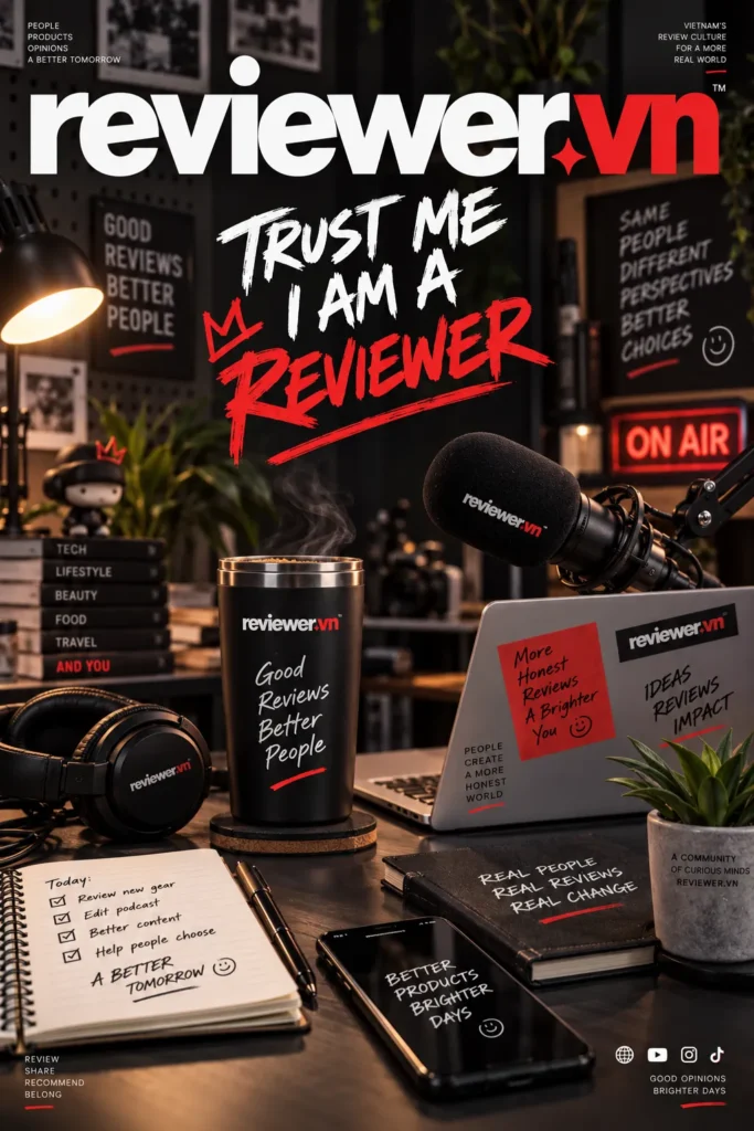 Bộ bàn làm việc Reviewer.vn cho podcast và hoạt động review nội dung