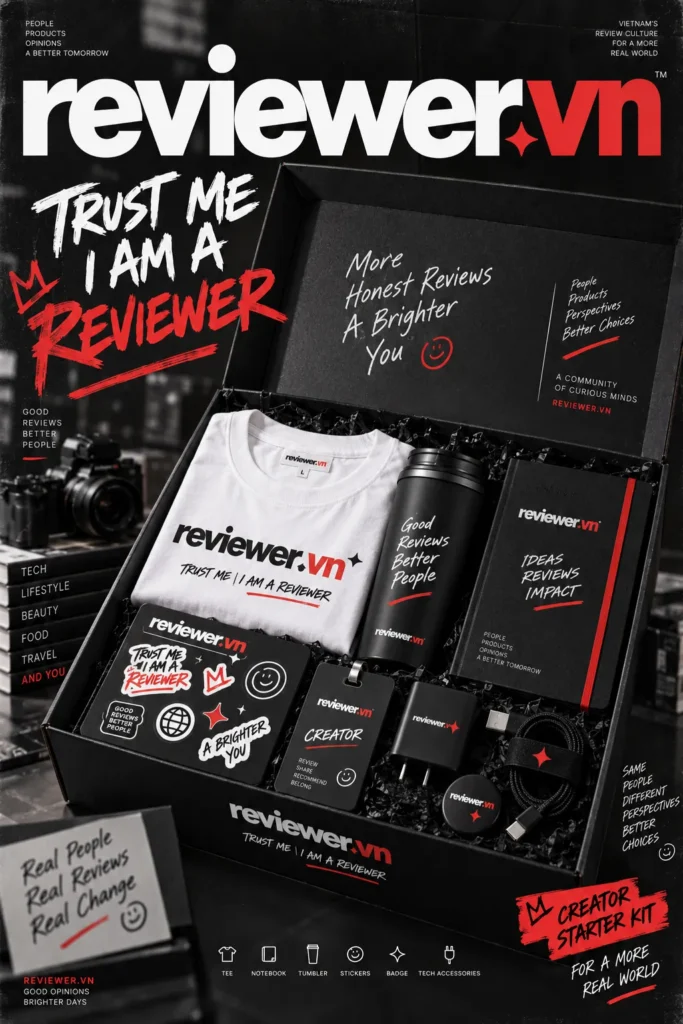 Bộ merch Reviewer.vn gồm áo thun, mũ, sticker và phụ kiện creator