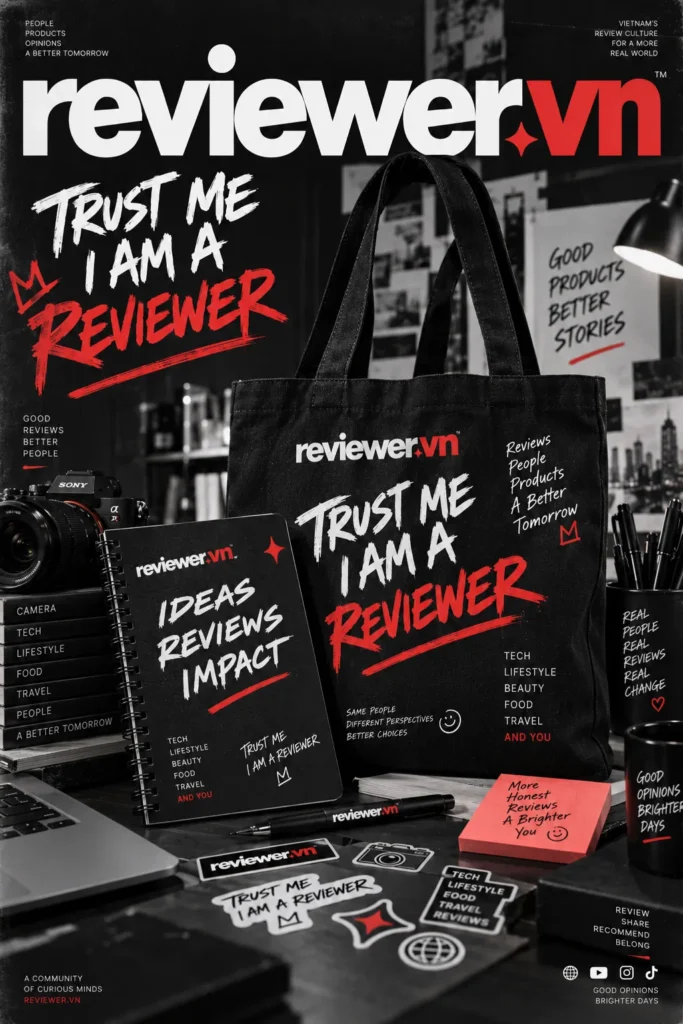 Bộ nhận diện Reviewer.vn trên túi tote, sổ tay và thẻ card