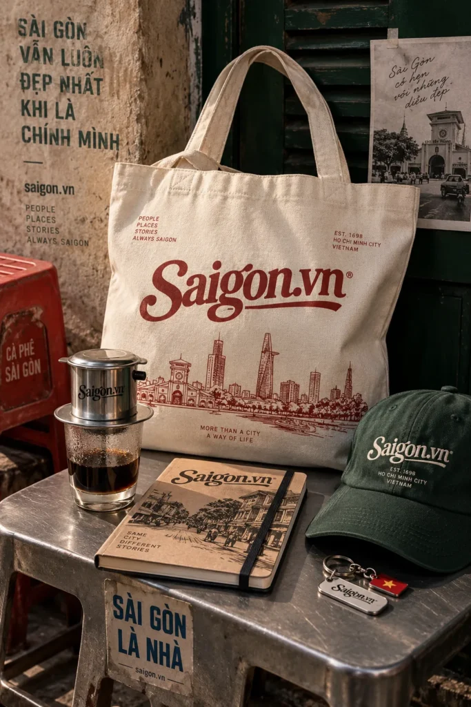 Bộ phụ kiện Saigon.vn với túi tote, sổ tay, mũ và tinh thần cà phê