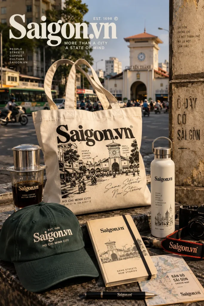 Bộ quà tặng Saigon.vn với túi tote, mũ, bình nước và sổ tay