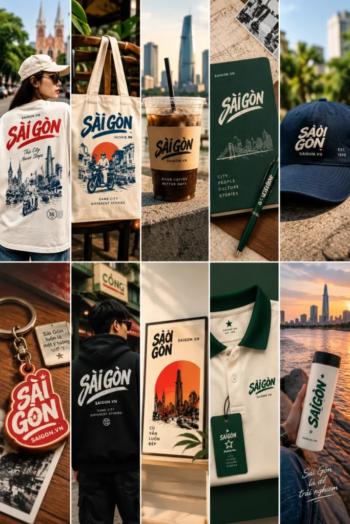 Bộ sưu tập Sai Gon.vn gồm áo, túi, cà phê, mũ và quà tặng