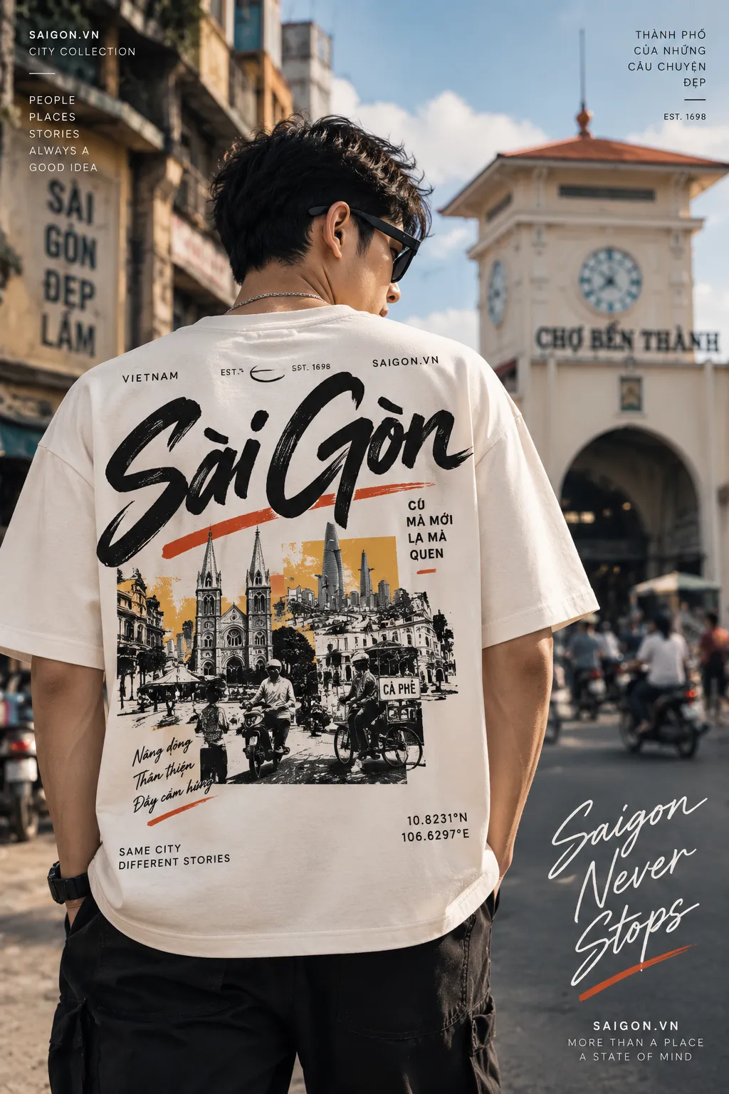 Mẫu áo thun Sai Gon.vn Chợ Bến Thành phong cách đường phố trẻ