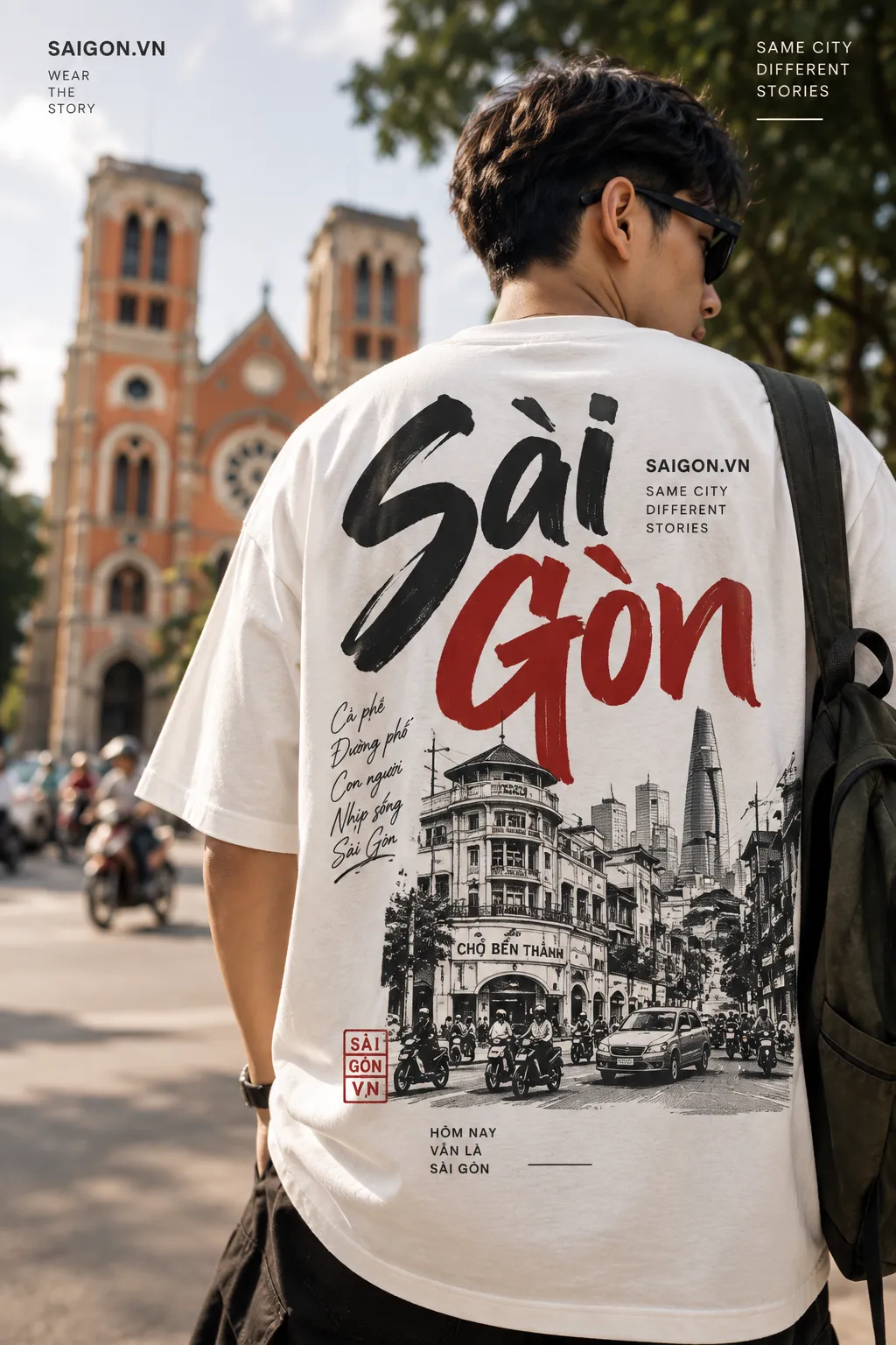 Mẫu áo thun Sai Gon.vn mặt sau với kiến trúc Sài Gòn cổ điển