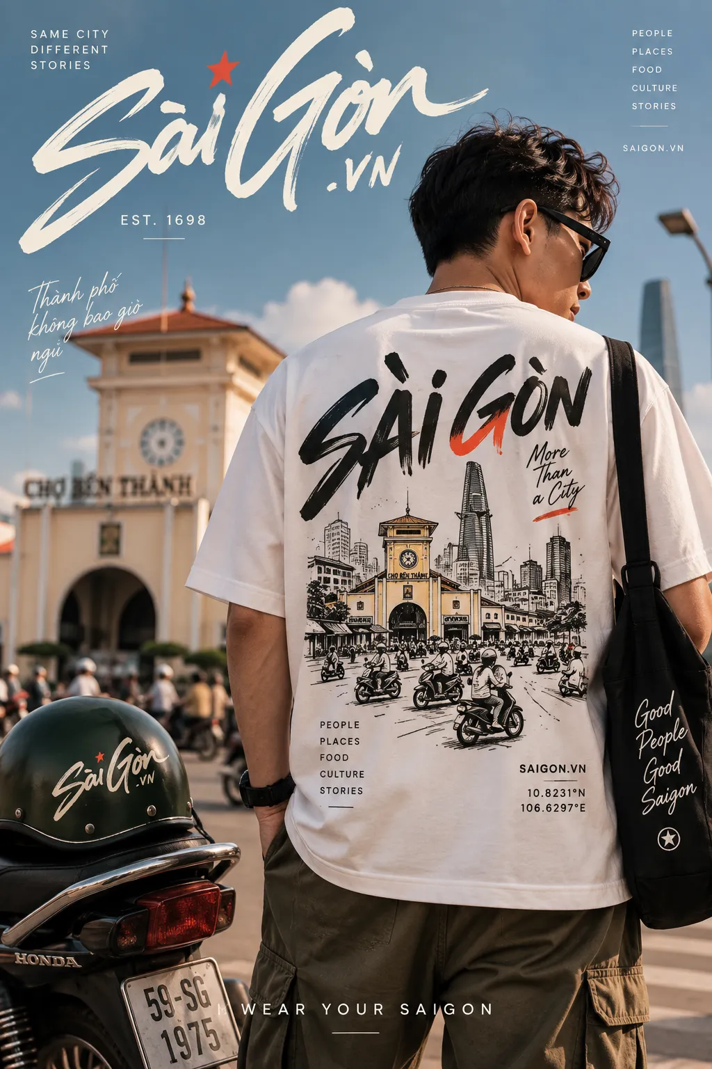 Mẫu áo thun Sai Gon.vn streetwear mặt sau với Chợ Bến Thành