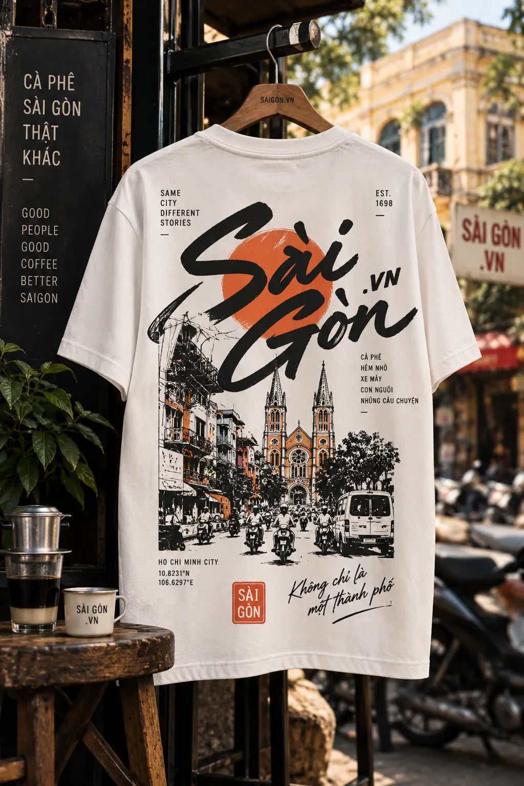 Mẫu áo thun Sai Gon.vn treo ở quán cà phê phong cách vintage